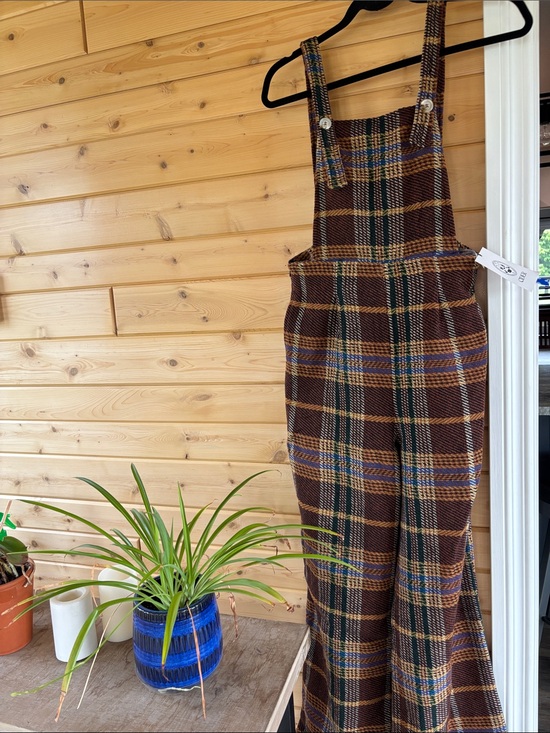 Cider Pants - Cider NWT Plaid Brown Wide-Leg Pinafore Jumpsuit